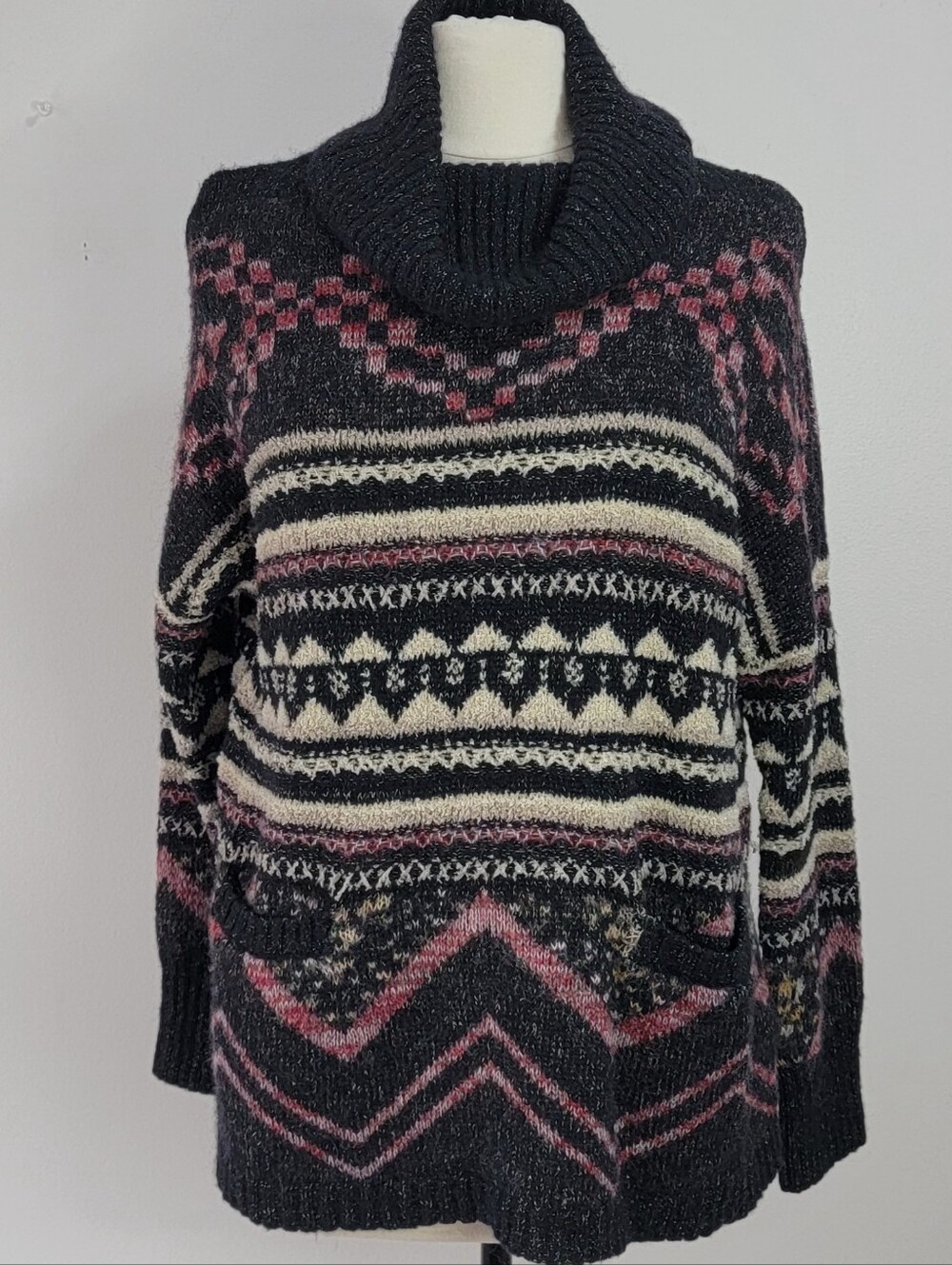 Lucky Brand Black Turtleneck Sweater with Pink and Cream Fair Isle